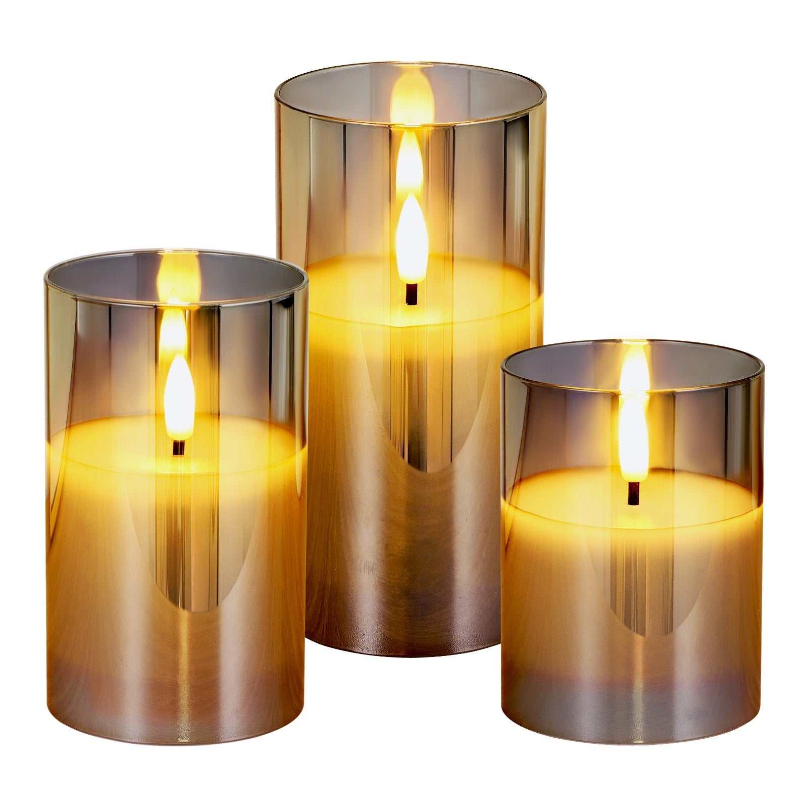 battery operated flameless LED candles in three elegant gold-toned holders, providing a warm glow for home decor.