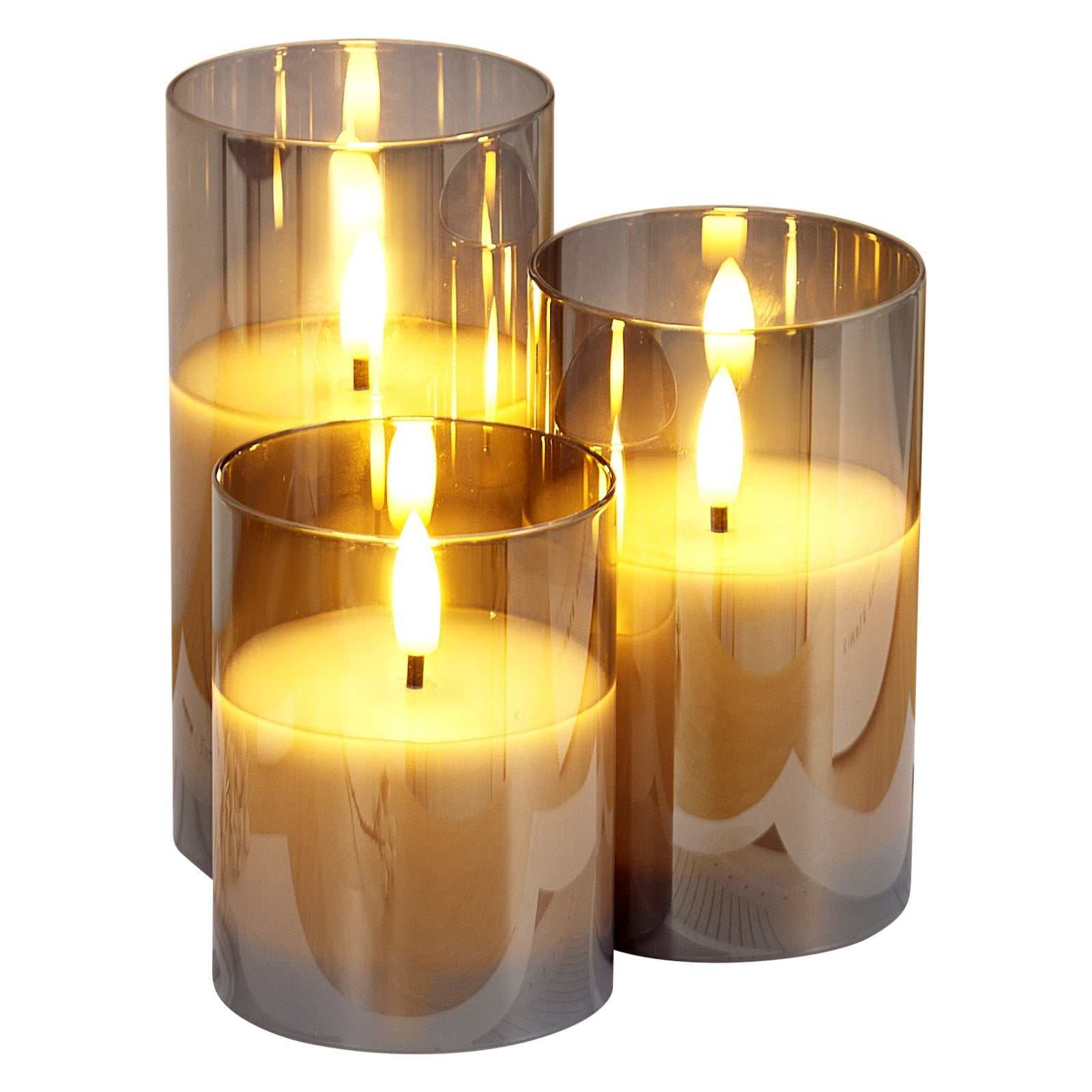 battery operated flameless LED candles in decorative holders with glowing candlelight.