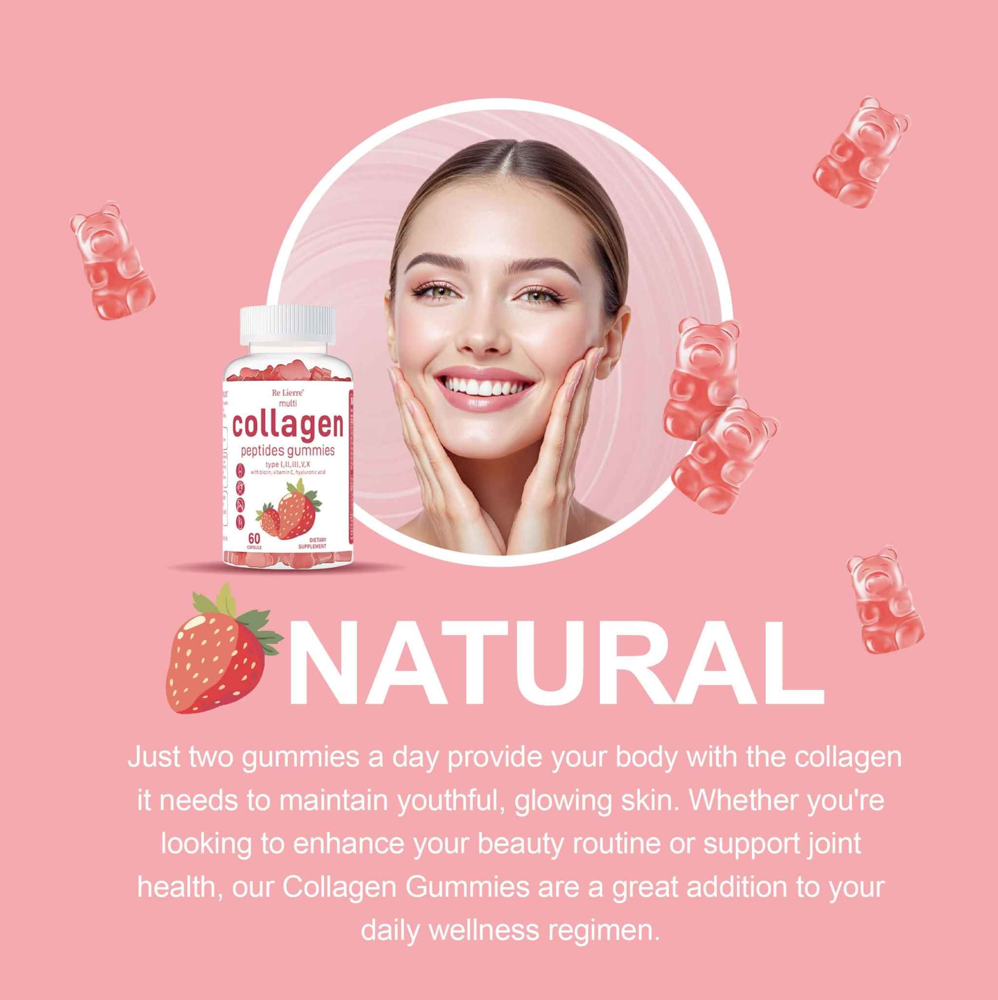 Beauty Boosting Hair Skin Nail Collagen Gummies for youthful skin, hair, and nails with strawberry flavor.