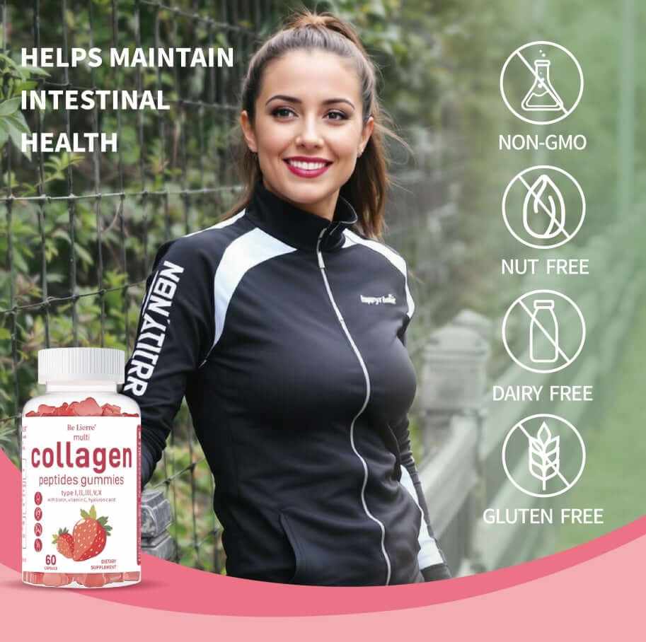 Beauty Boosting Hair Skin Nail Collagen Gummies for wellness, featuring a smiling woman in activewear outdoors.