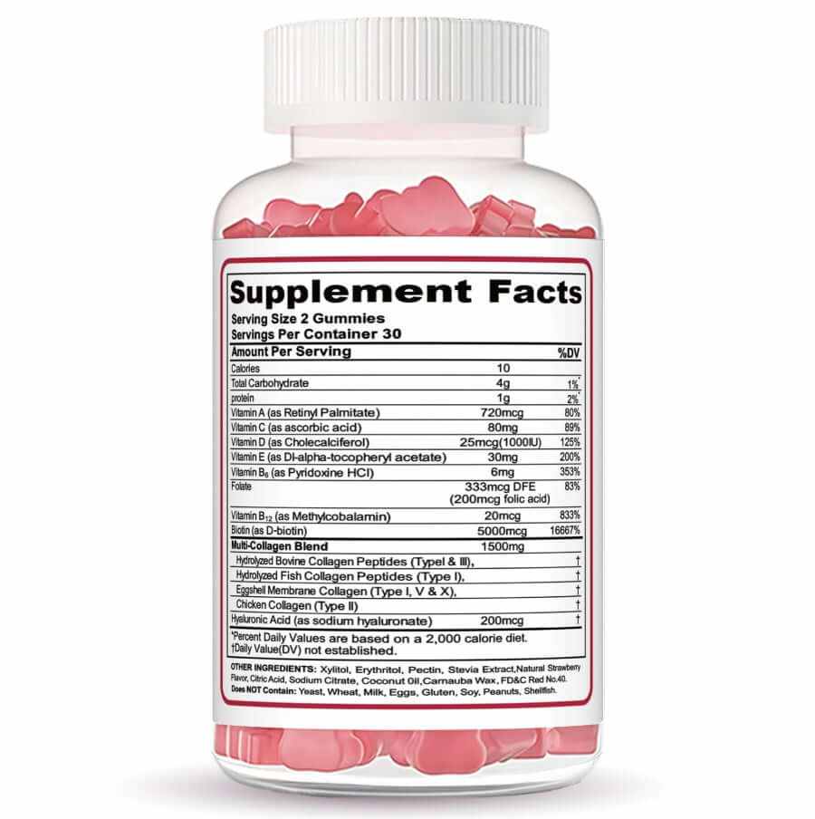 Nutrition label of Beauty Boosting Hair Skin Nail Collagen Gummies highlighting supplement facts and ingredients.