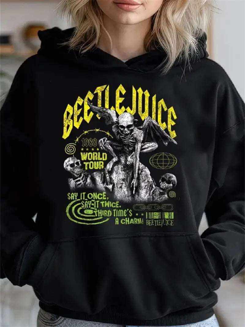 black polyester spandex hoodie with Beetlejuice graphic and yellow text design