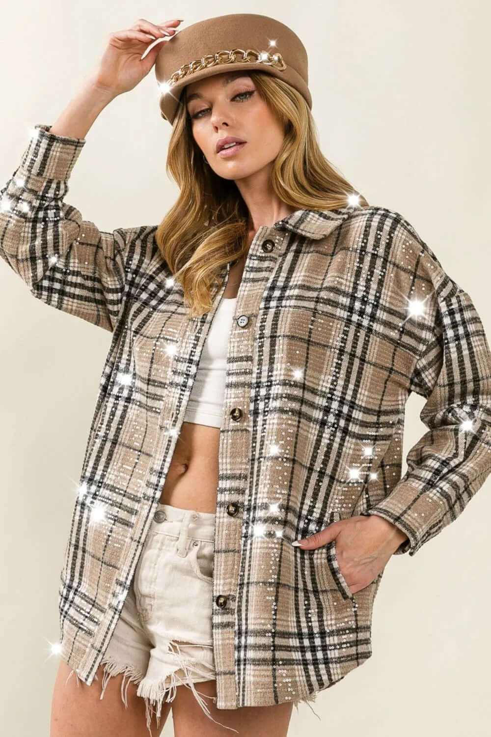 Bibi Allover Clear Sequins Vintage Plaid Jacket with oversized fit and sparkling details, styled with a trendy hat.