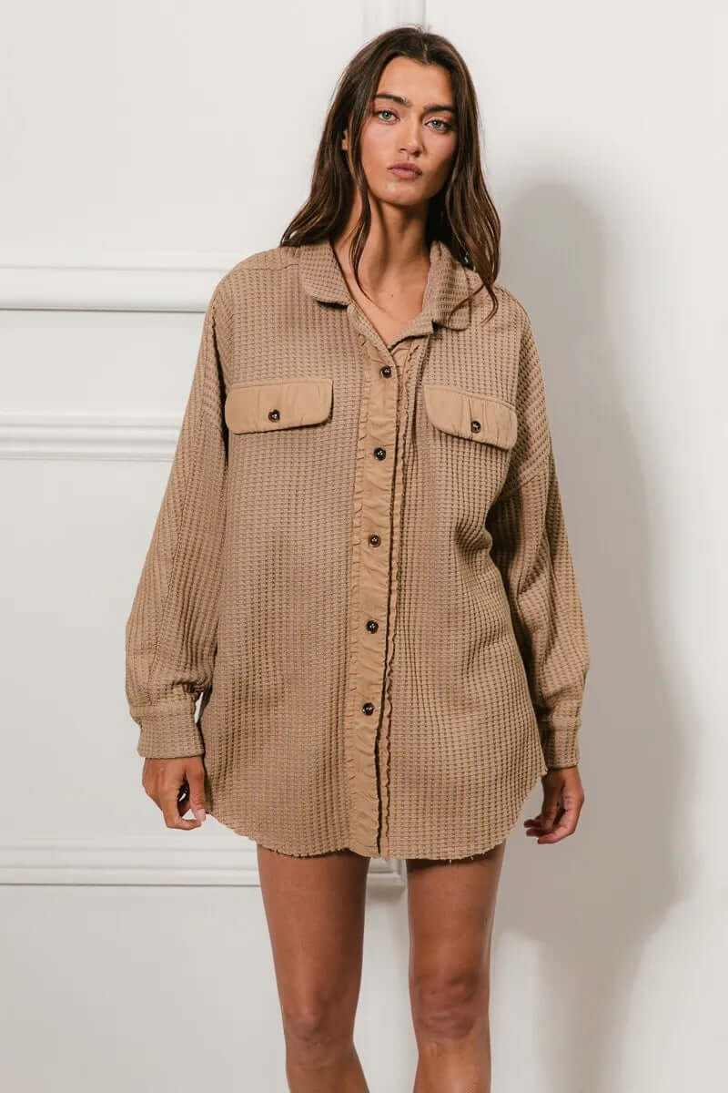 Bibi Heavy Waffle Oversized Shacket in beige, featuring buttoned front and pockets, perfect for casual layering.