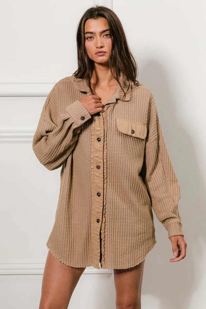 Bibi Heavy Waffle Oversized Shacket in beige, featuring a cozy waffle texture and buttoned design for casual layered outfits.
