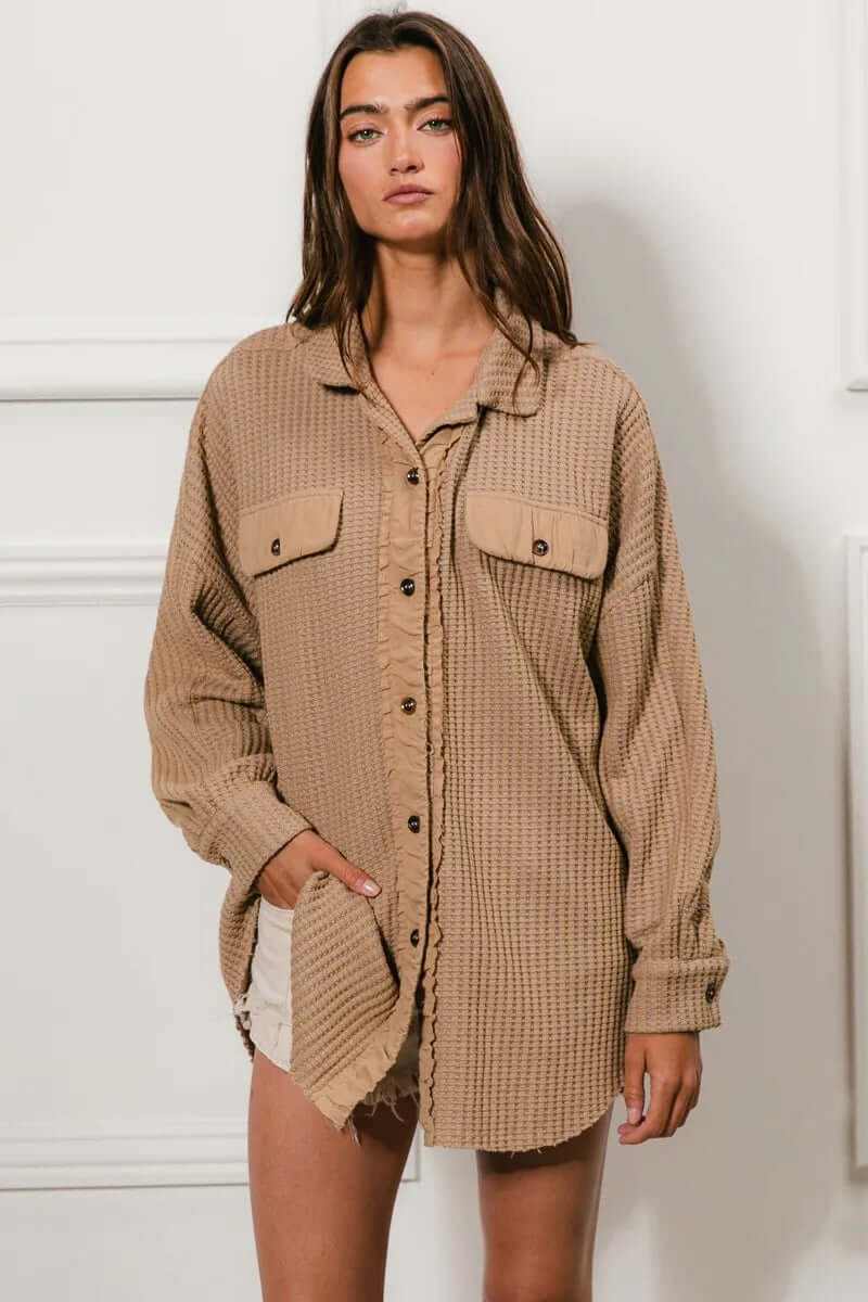 Bibi Heavy Waffle Oversized Shacket in beige with buttoned front and pockets, styled for a casual look.