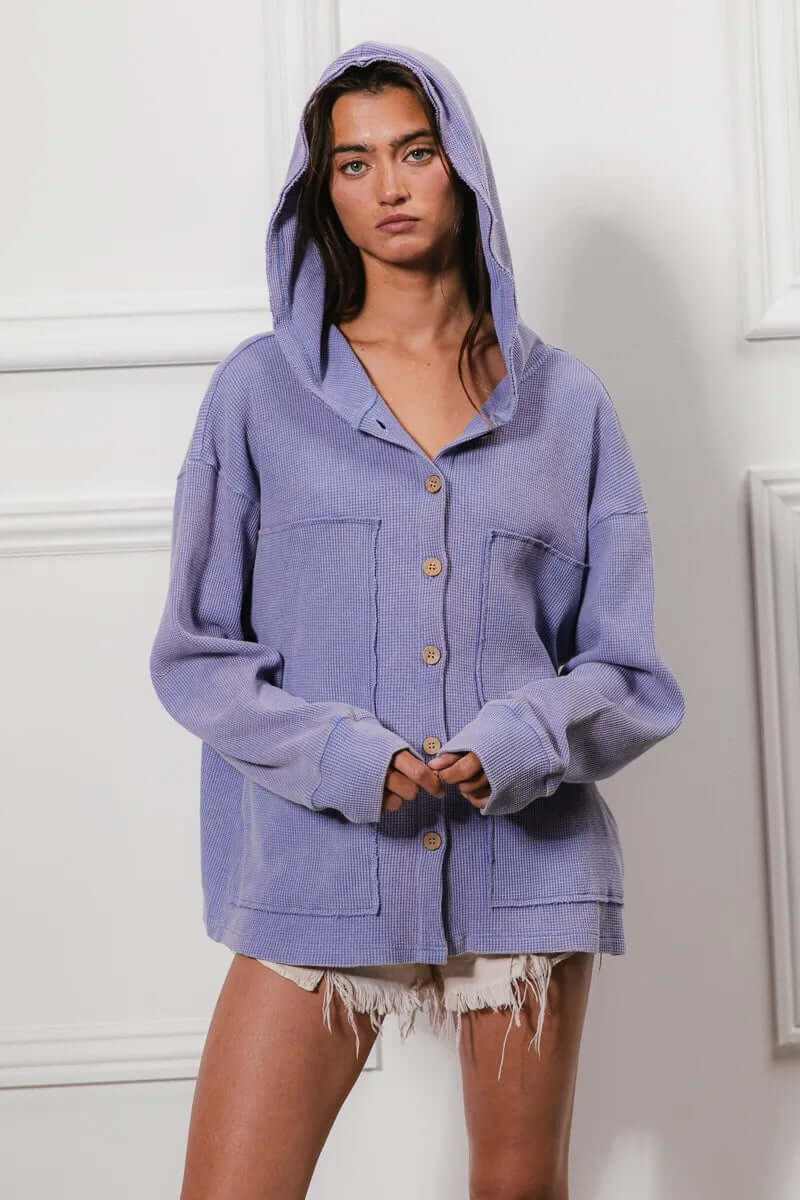 Bibi Washed Waffle Thermal Hooded Jacket in lavender with oversized fit and button front, perfect for casual wear.