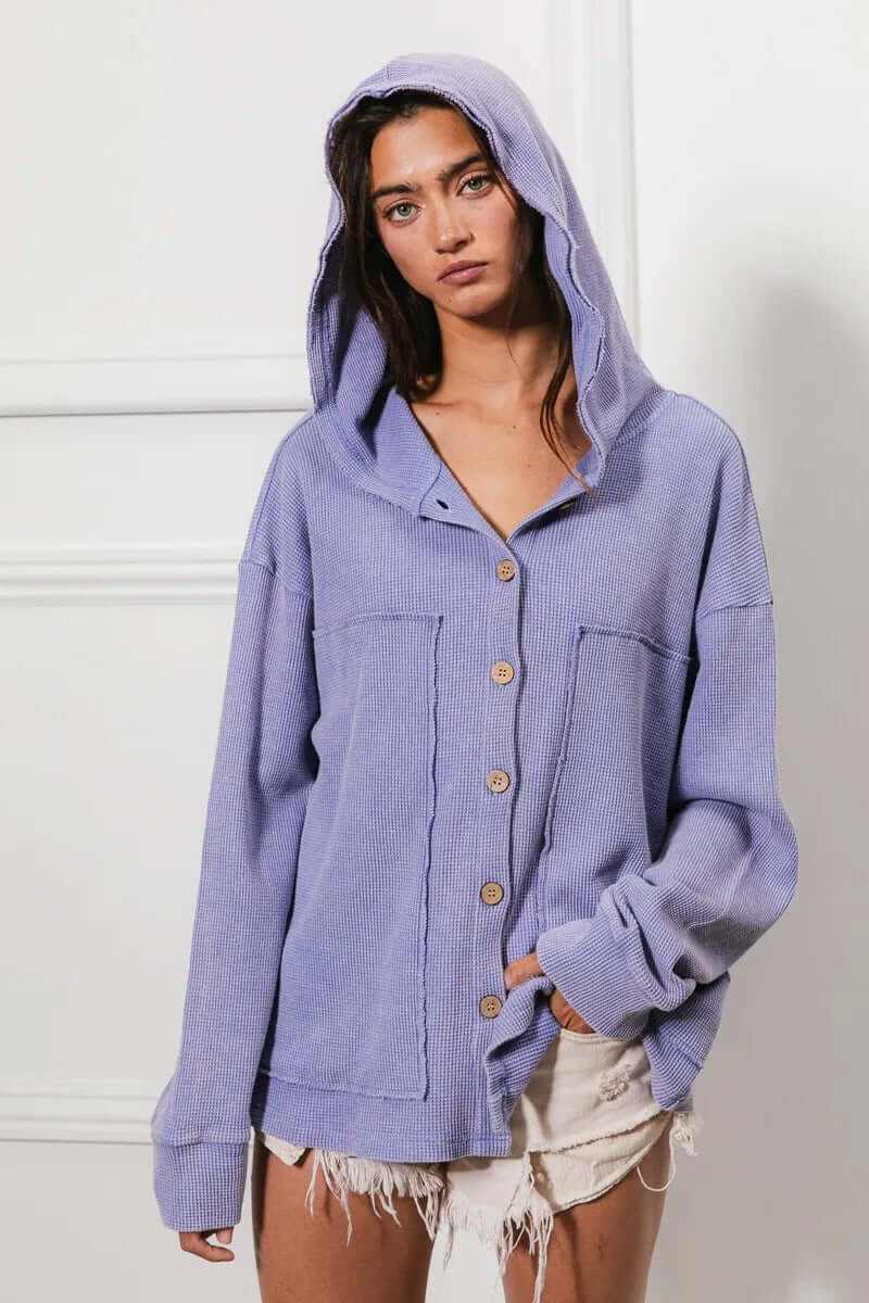 Bibi Washed Waffle Thermal Hooded Jacket in lavender, showcasing oversized fit with cozy buttoned design.