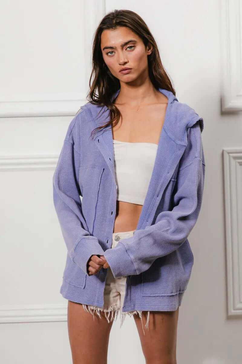 Model wearing a stylish Bibi washed waffle thermal hooded jacket in lavender, perfect for casual outings and chilly days.