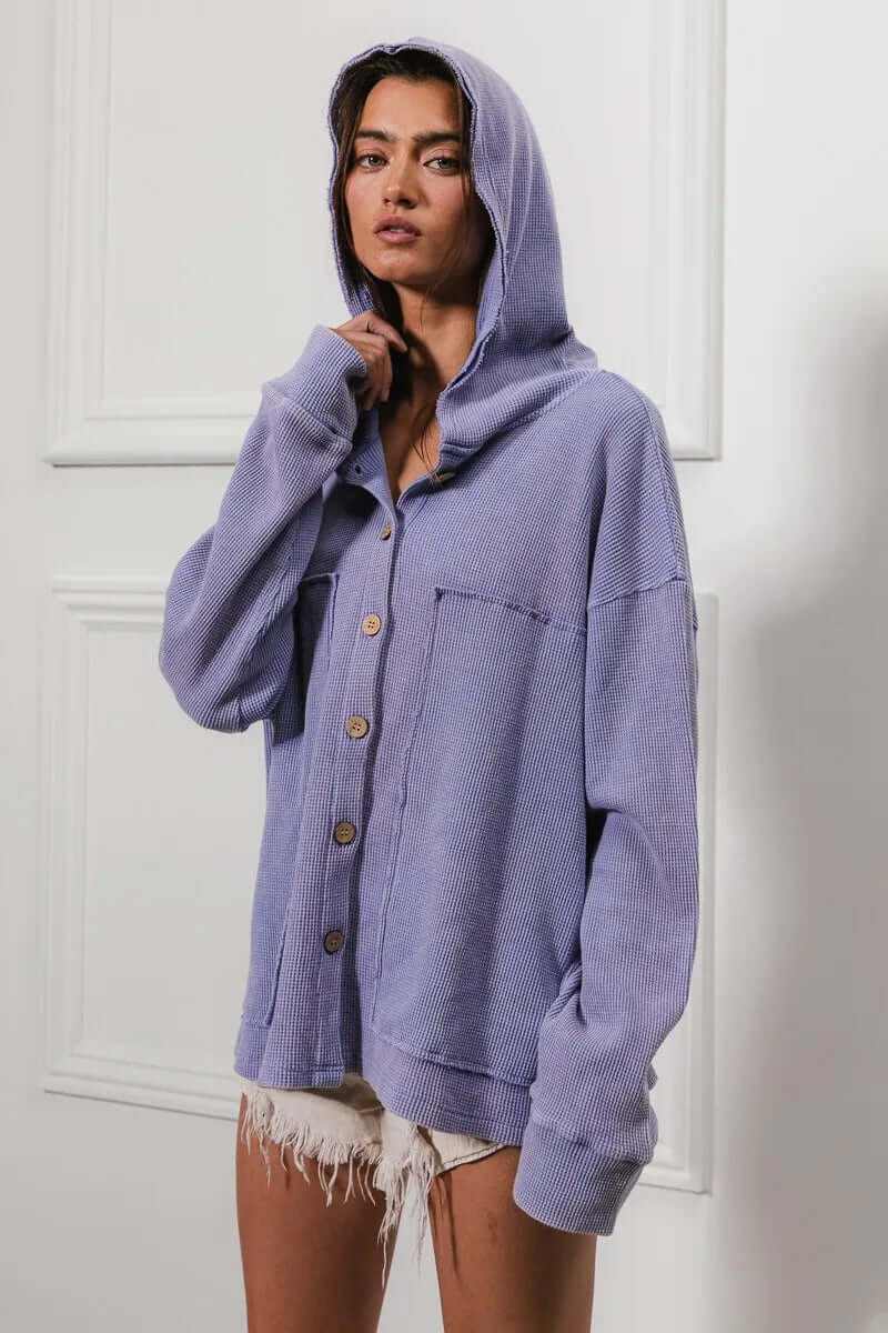 Bibi Washed Waffle Thermal Hooded Jacket in lavender, showcasing oversized fit and button details for a cozy casual look.