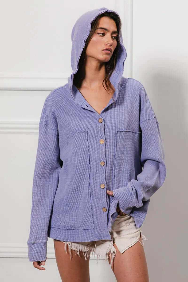 Bibi Washed Waffle Thermal Hooded Jacket in lavender with oversized fit and button closure, perfect for casual outings.