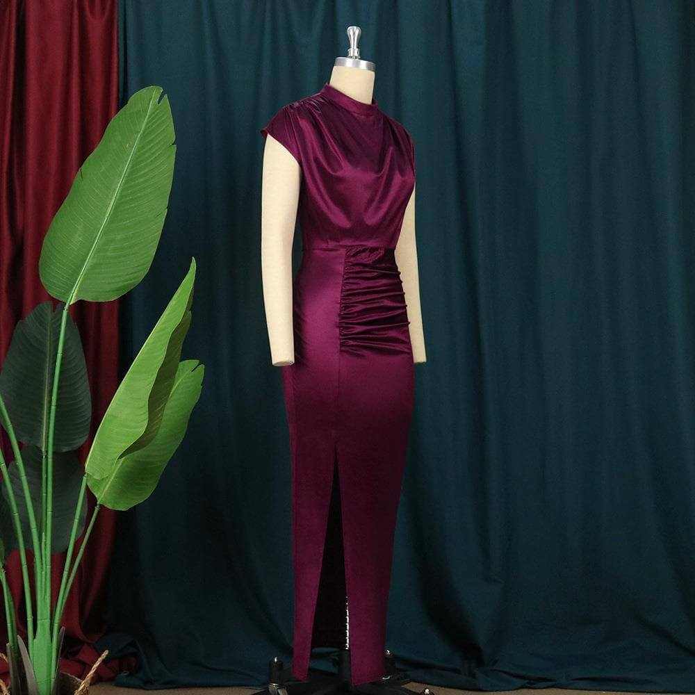 Elegant burgundy plus size dress for women, made from matel silk fabric with a chic retro design.