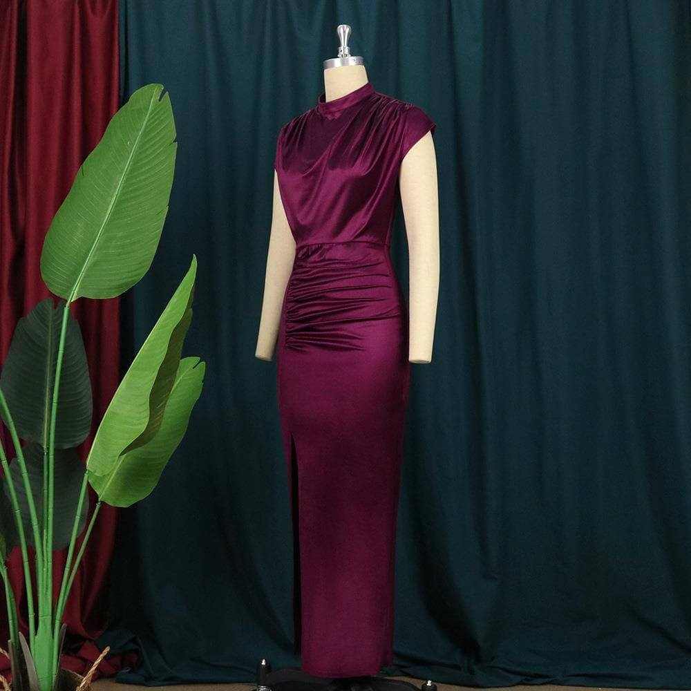 Elegant burgundy plus size dress in matel silk fabric, perfect for summer commuting and art retro style.