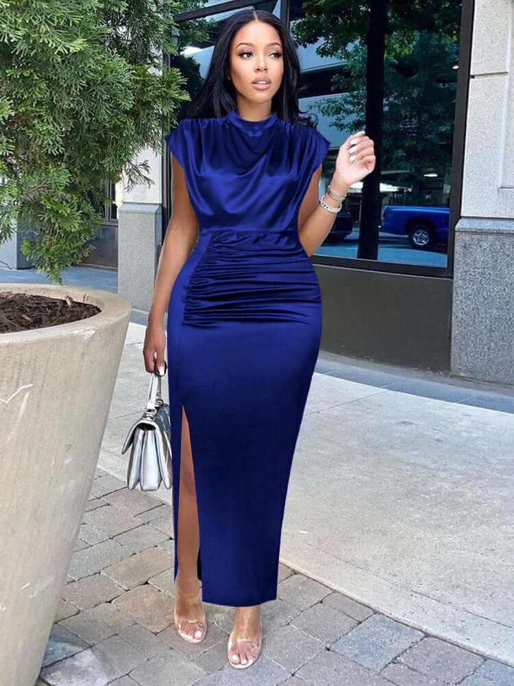 Navy blue plus-size dress with side slit, perfect for summer commutes, made from luxurious silk fabric.