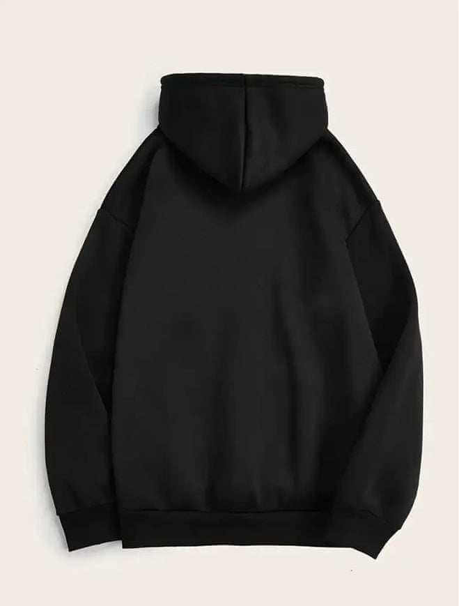black men's printed hoodie made of polyester and spandex, back view, available in multiple sizes
