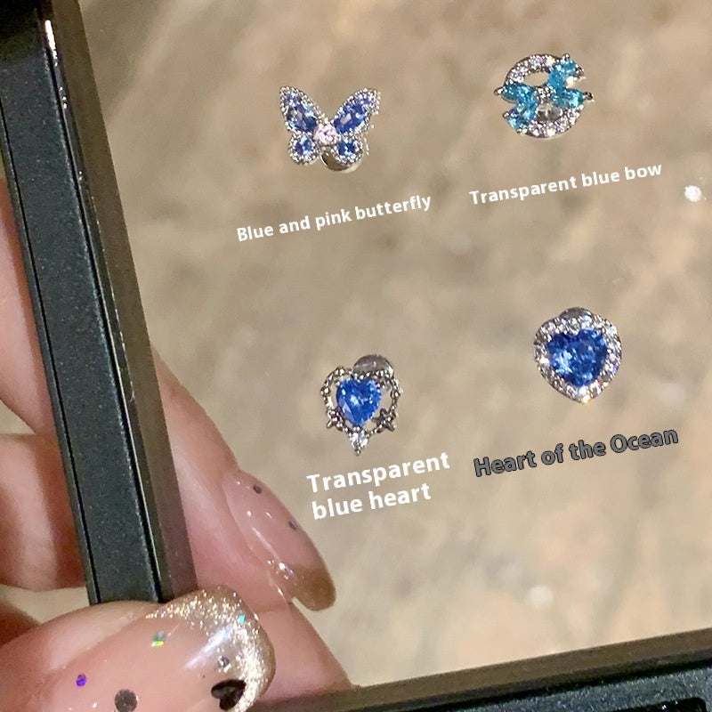 Light luxury minority high-grade zircon heart-shaped blue ocean earrings