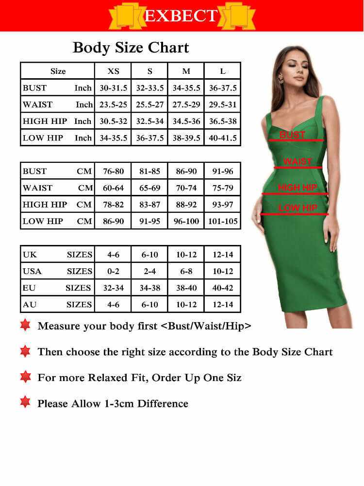 Body size chart for women's dresses with measurements in inches and centimeters, featuring advice for size selection.