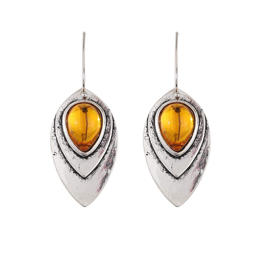 Water drop design bohemian antique silver leaf earrings with amber center