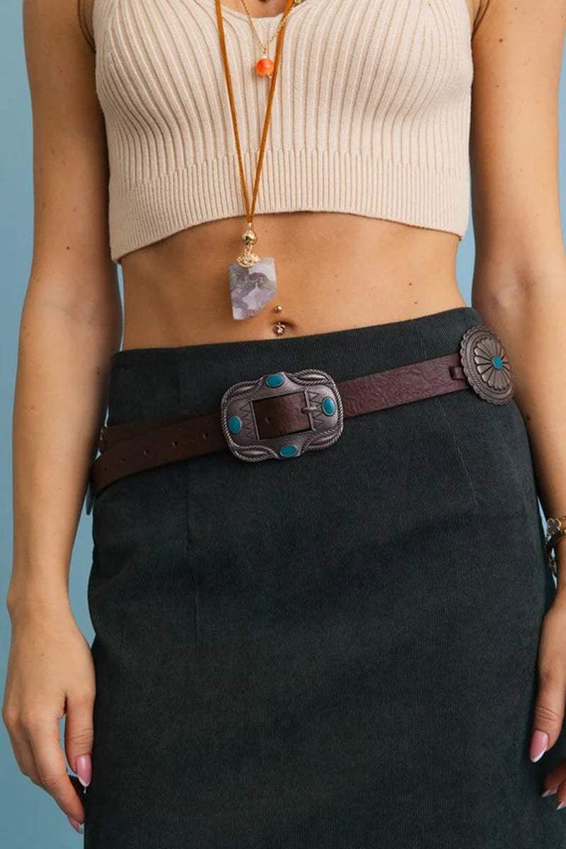 Boho Turquoise Western Concho Belt showcased on model with a cropped top and skirt, highlighting intricate silver and turquoise details.