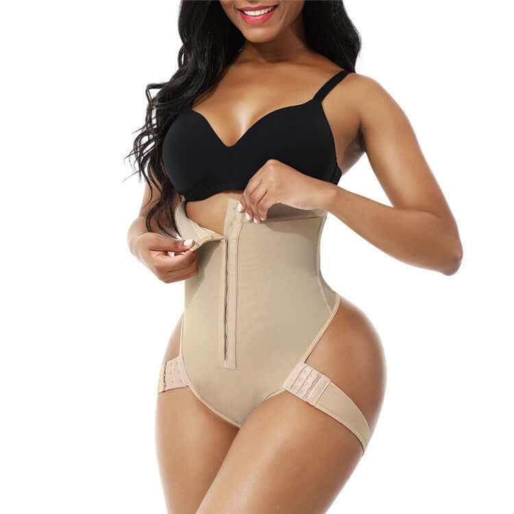 Model wearing seamless butt lifter control panties shapewear in nude color with a black bra.