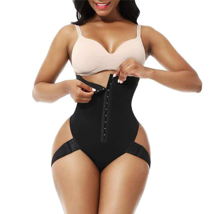 Model demonstrating Butt Lifter Control Panties in black with adjustable front hooks for a seamless look.