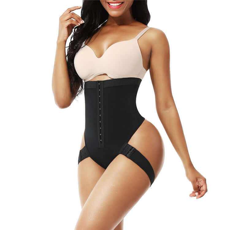 Black high waist butt lifter control panties displayed on a model, ideal for shaping and slimming.