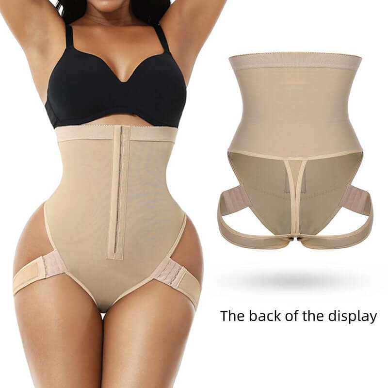 High waist butt lifter control panties showing front and back view, seamless shapewear for a flattering silhouette.