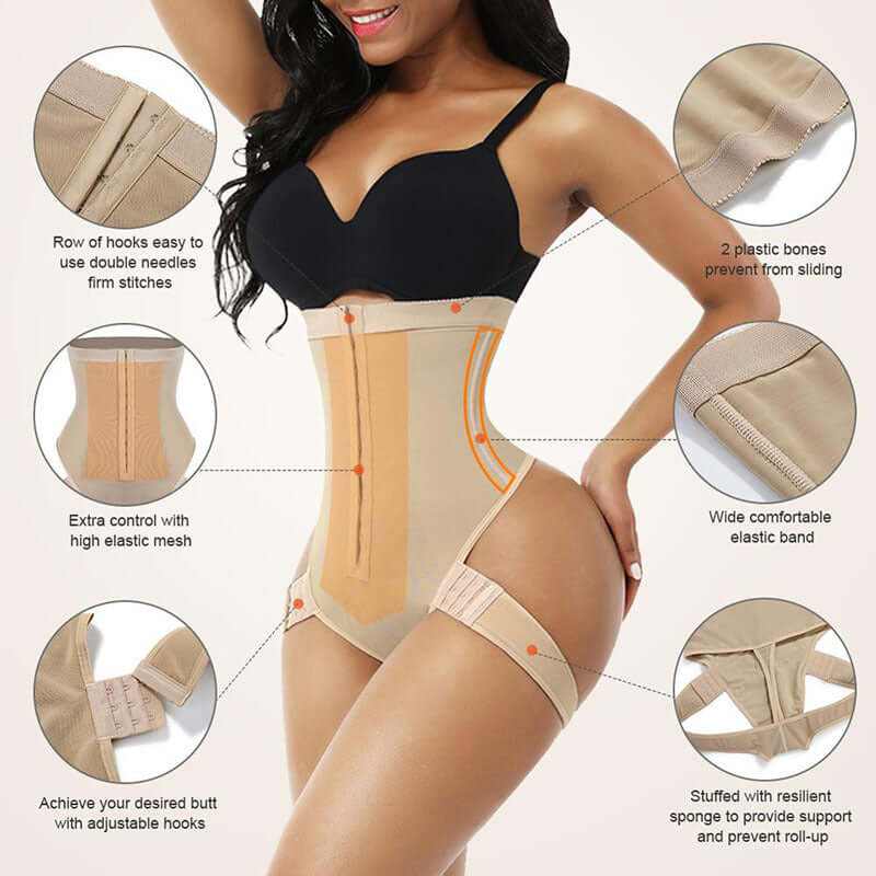 Woman wearing seamless butt lifter shapewear with adjustable hooks and elastic bands for tummy control and comfort.