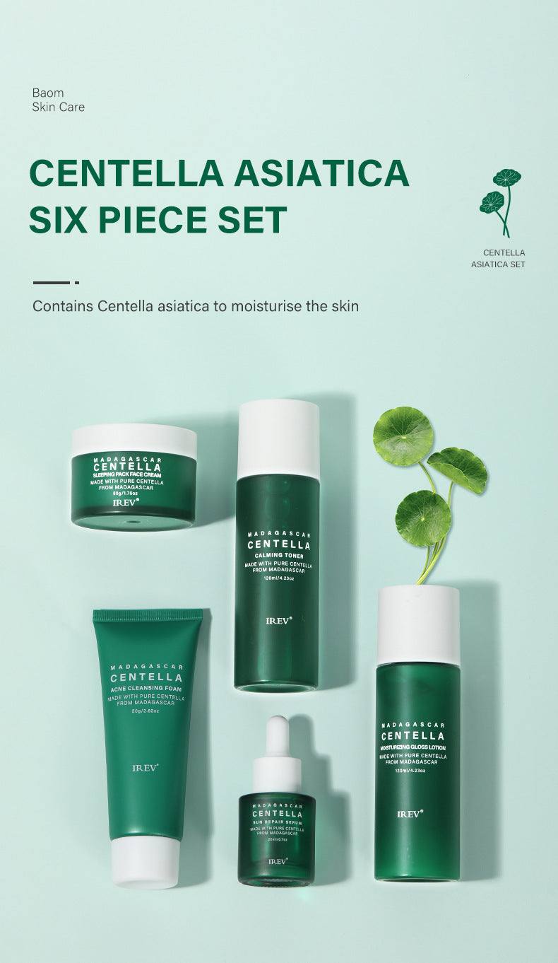 Snow Grass Skincare Set with six Centella Asiatica moisturizing products in green packaging on light background