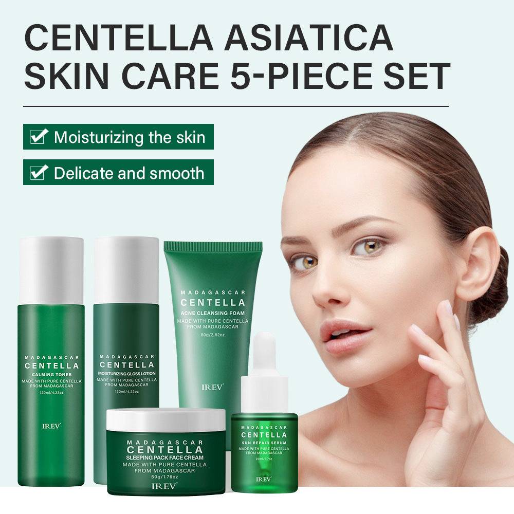 Snow Grass Skincare Set with Centella Asiatica for moisturizing and smooth skin with five facial care products and model applying cream