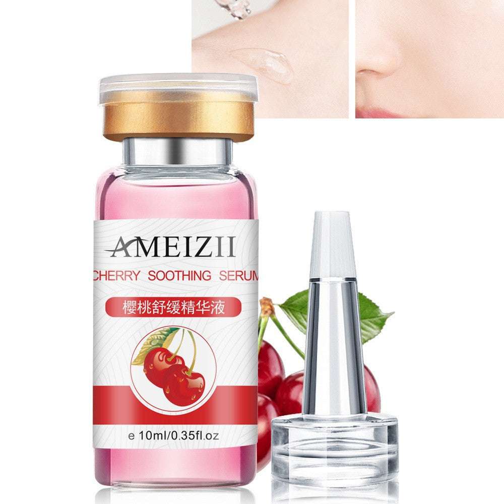 Cherry Hyaluronic Acid Skin Care Serum bottle with dropper and cherry fruit background for moisturizing and anti-aging benefits