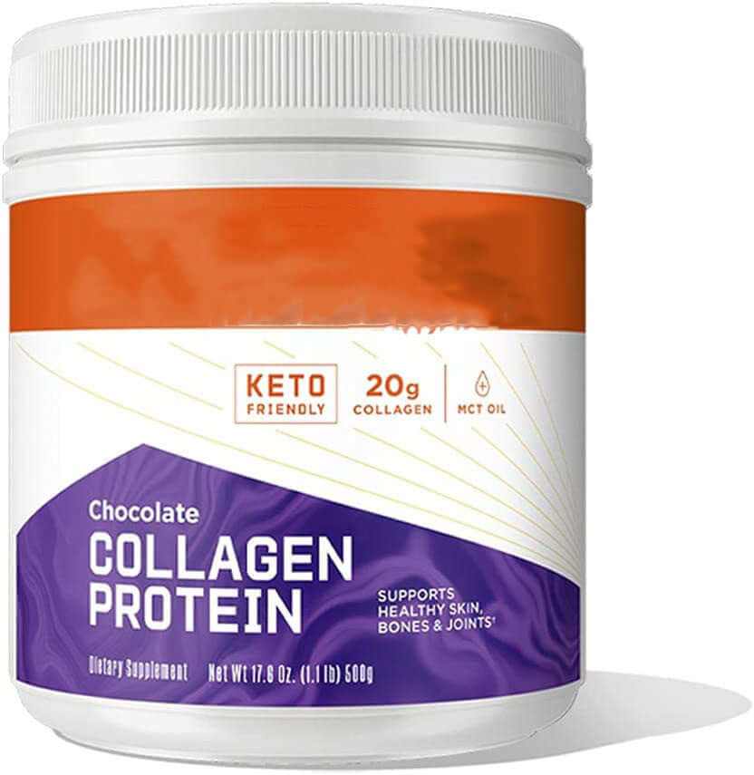Chocolate Collagen Protein Powder supplement for healthy skin, hair, and joints. Keto-friendly with 20g collagen and MCT oil.