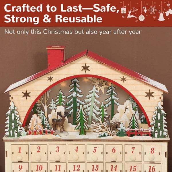 Christmas advent calendar wooden house with 24 drawers and LED lights festive village design