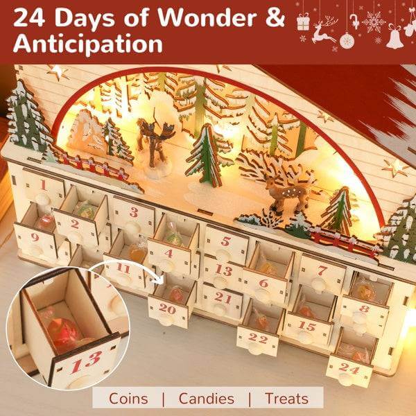 Christmas advent calendar with 24 drawers and warm LED lights in a cozy village house design