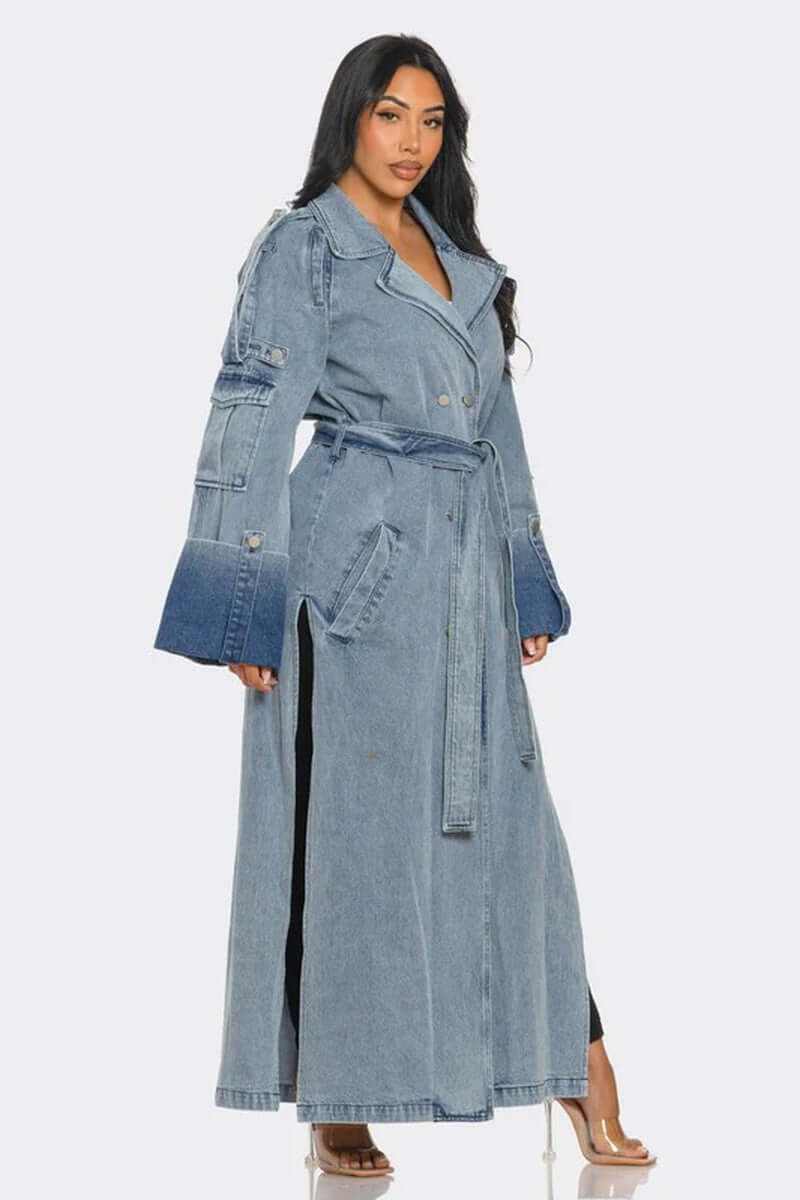 Womenβs longline denim trench coat with belted waist and oversized cuffs