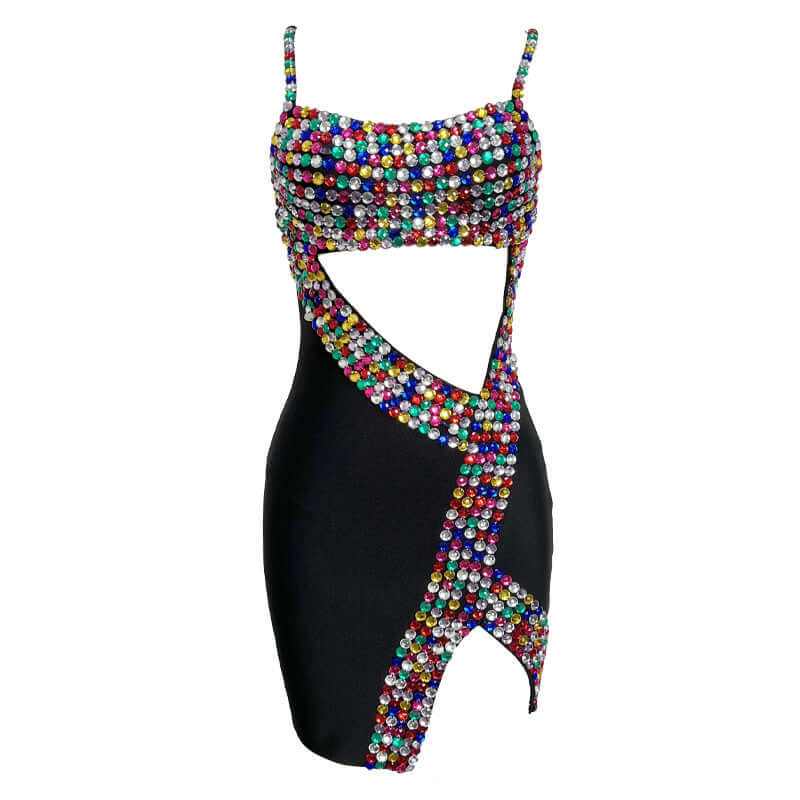 Colorful bead-embellished black dress with cut-out design, perfect for modern fashion enthusiasts.