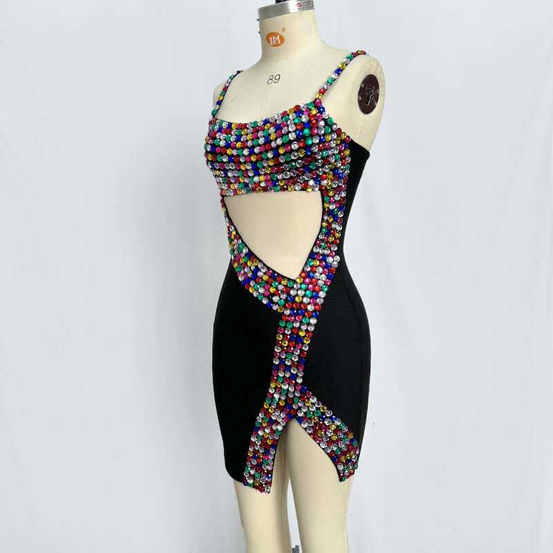 Colorful beaded bandage dress in black, featuring vibrant bead detailing, stylish cutouts, and a figure-hugging fit.