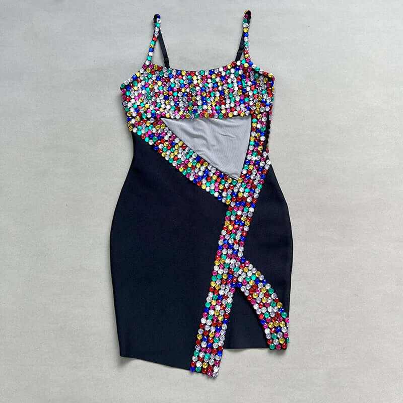Colorful beaded bandage one-piece dress featuring a unique cutout, ideal for fashion-forward women.