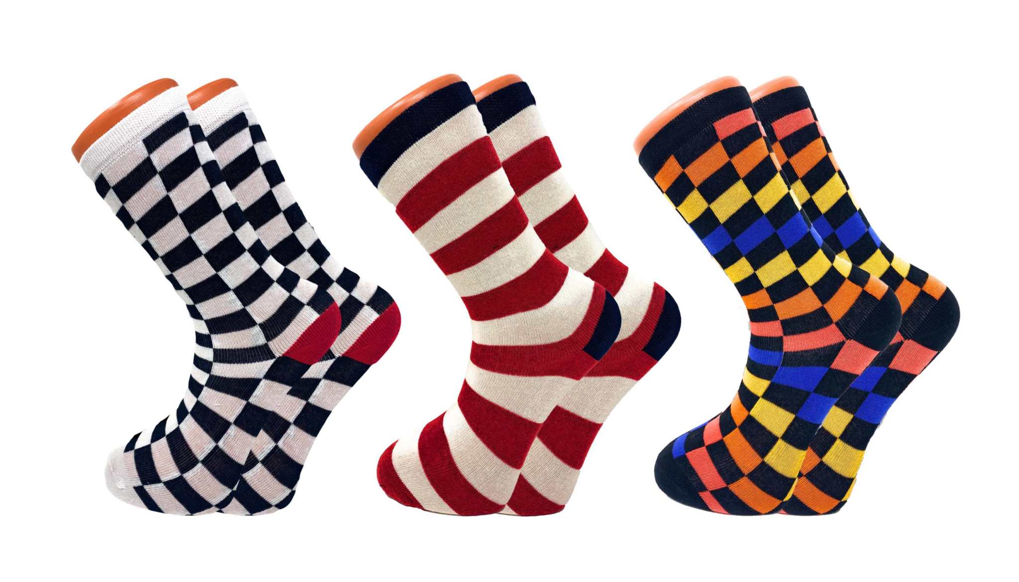 Colorful crew dress socks in vibrant patterns featuring stripes and checks, perfect for men and women.