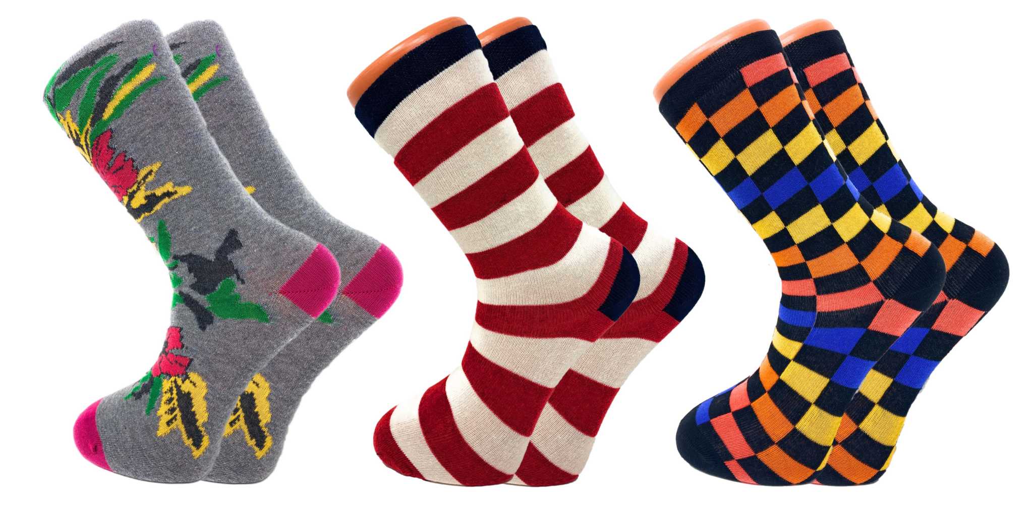 Colorful crew dress socks in gray floral, red striped, and black checkered patterns, perfect for men and women.
