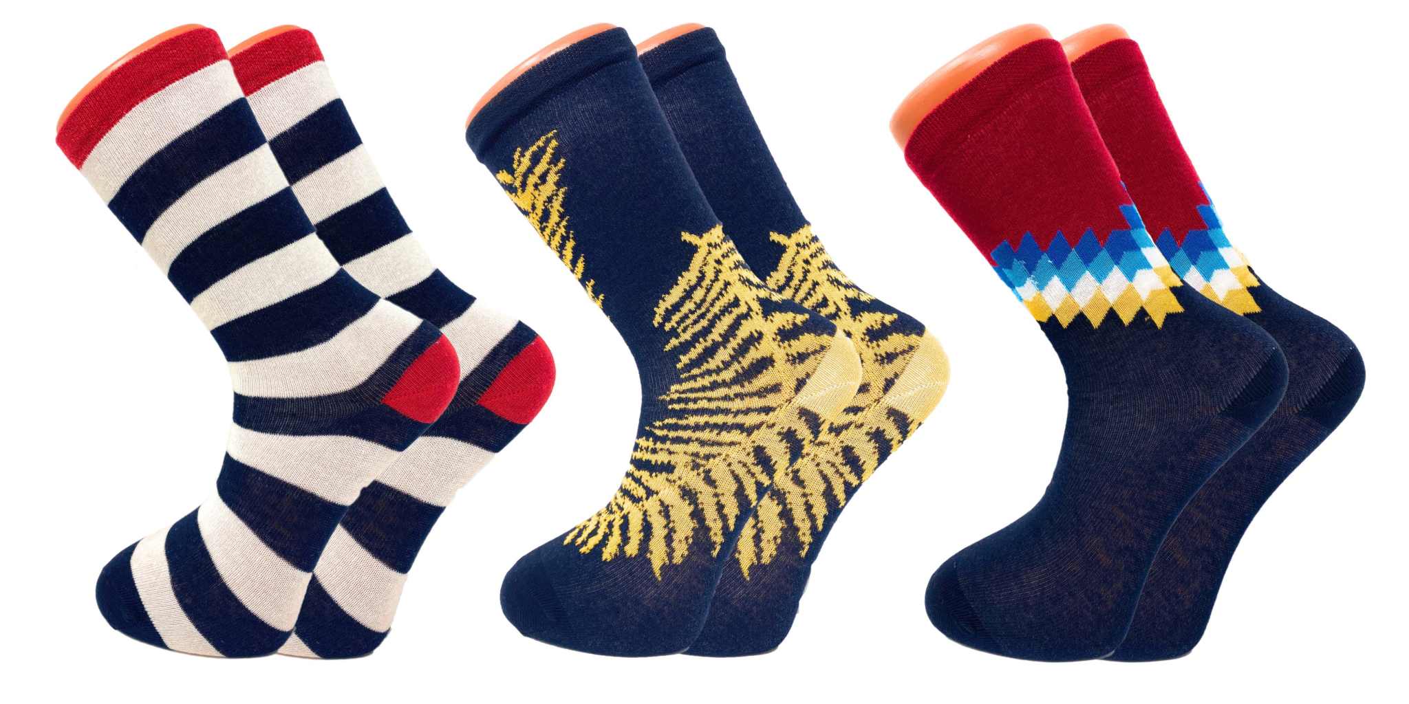 Colorful 3-pack of crazy crew dress socks with bold patterns for men and women, made from soft cotton blend.