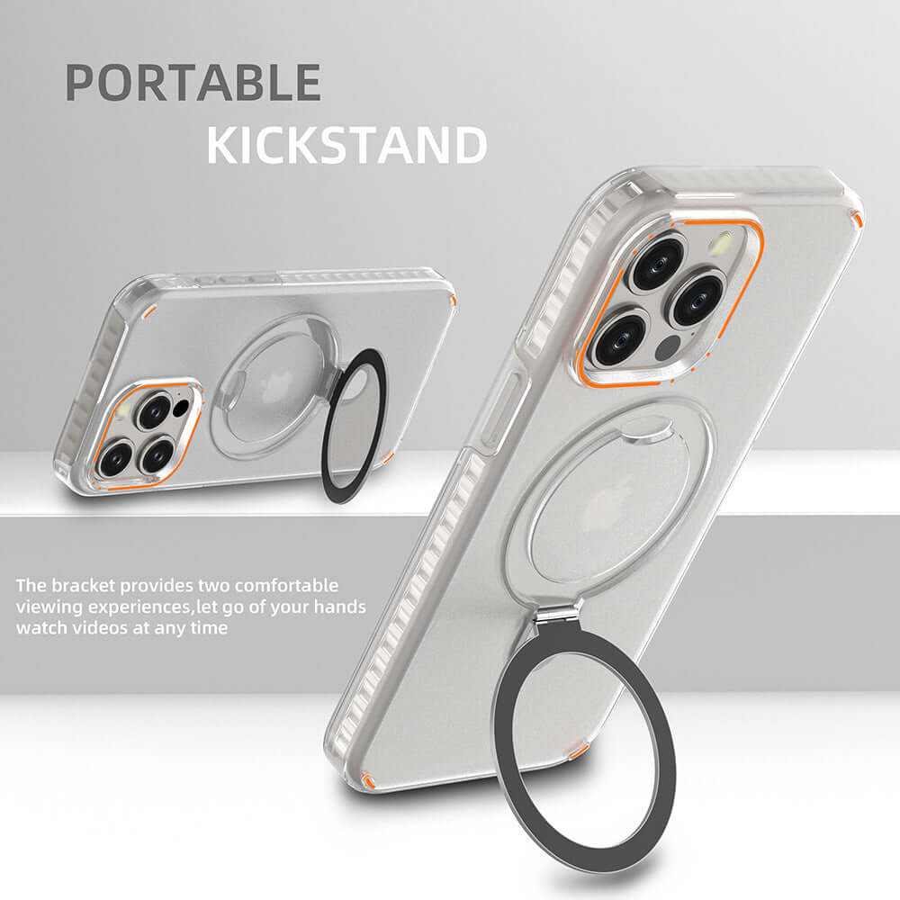 Transparent phone case with portable kickstand for hands-free viewing, ideal for MagSafe charging.