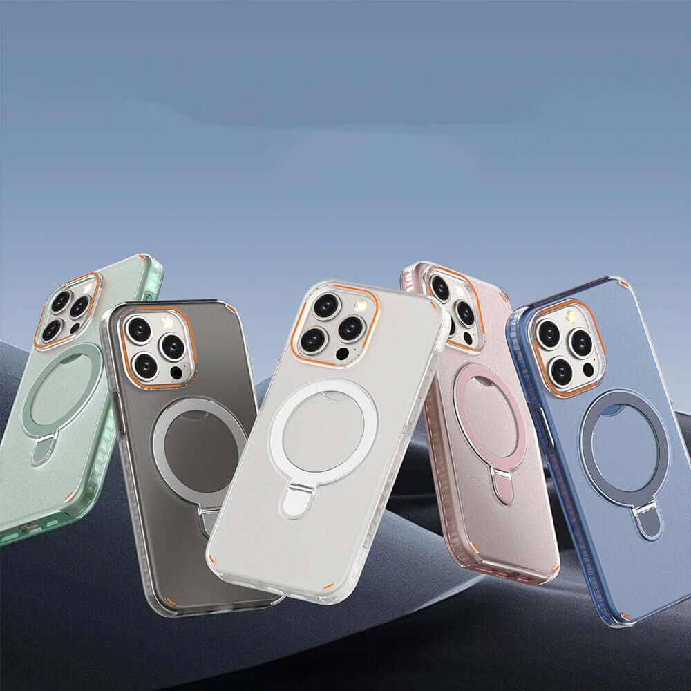 Colorful magnetic bracket phone cases with holder stand, designed for MagSafe charging and camera protection.