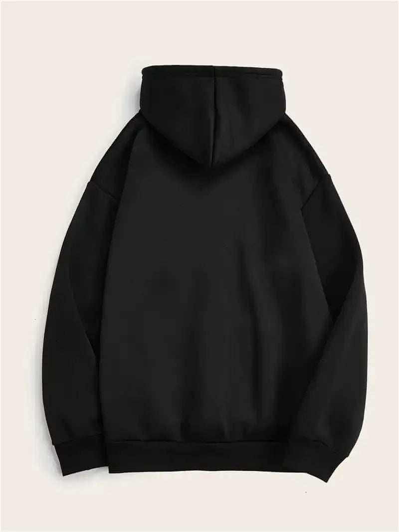 black comfortable polyester hoodie with hood and long sleeves back view