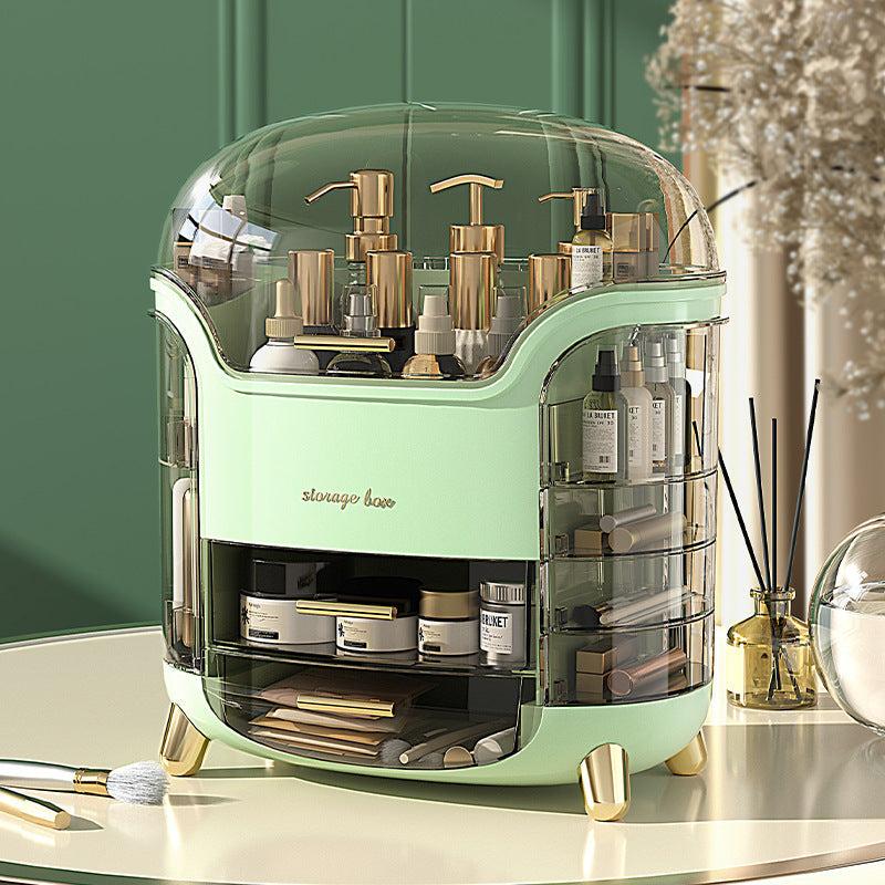 Light green premium cosmetic storage case with transparent cover and gold accents for organizing makeup and skincare products