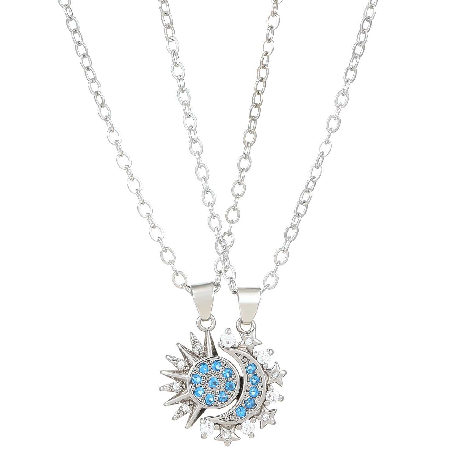 Silver couple set sun and moon necklaces with blue gemstone accents on regular chains