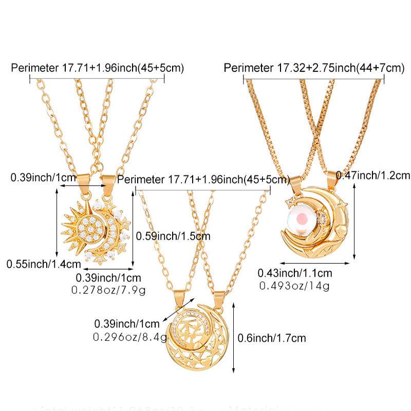 Gold couple set sun and moon necklaces with geometric copper pendants on regular chains