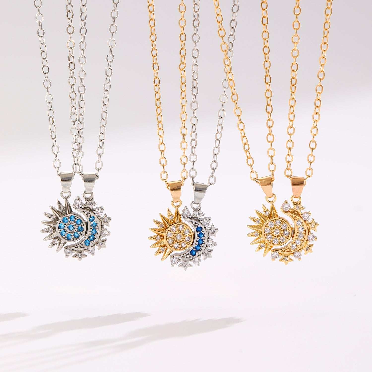 Couple Set Sun & Moon Necklace in gold and silver with blue and white stones on geometric copper pendants