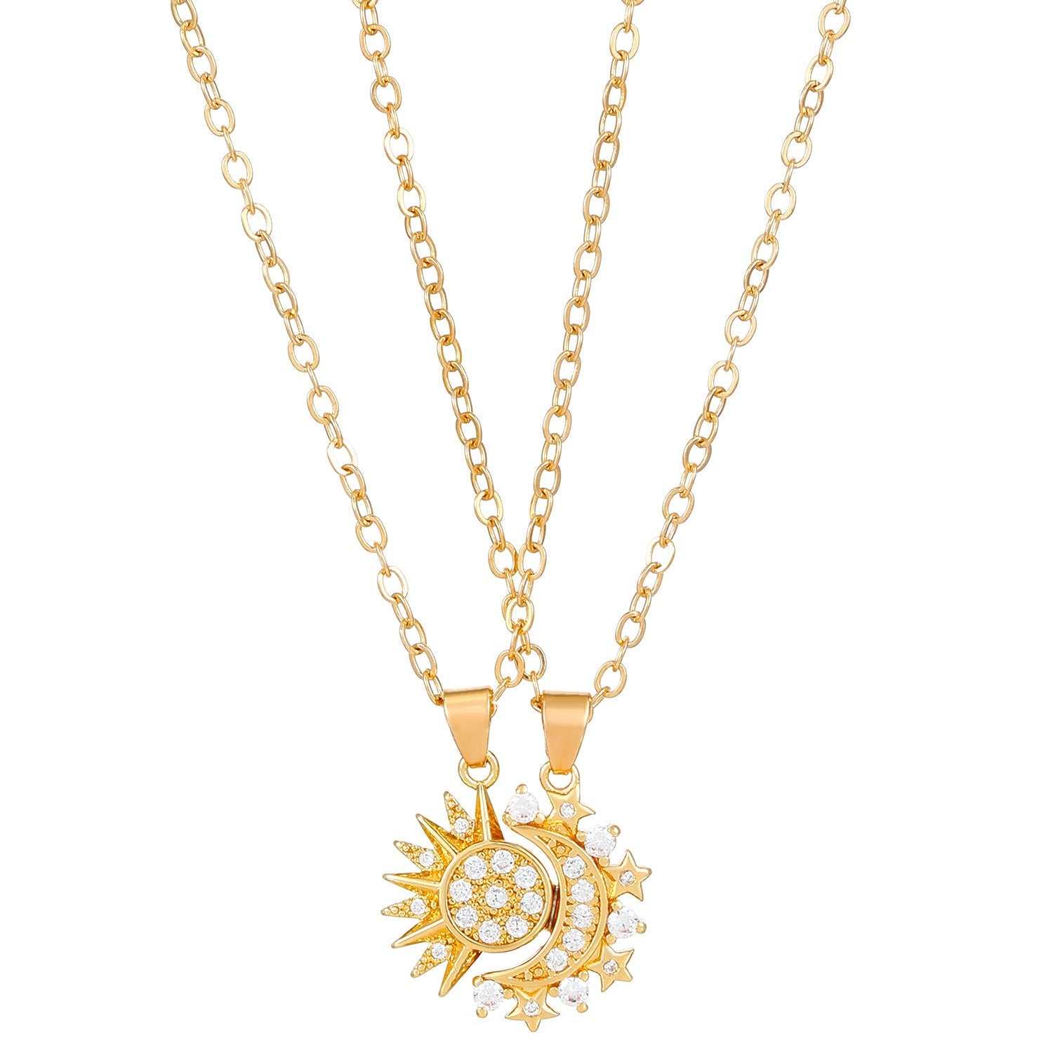 Couple Set Sun & Moon Necklace gold tone copper geometric pendants on regular chains