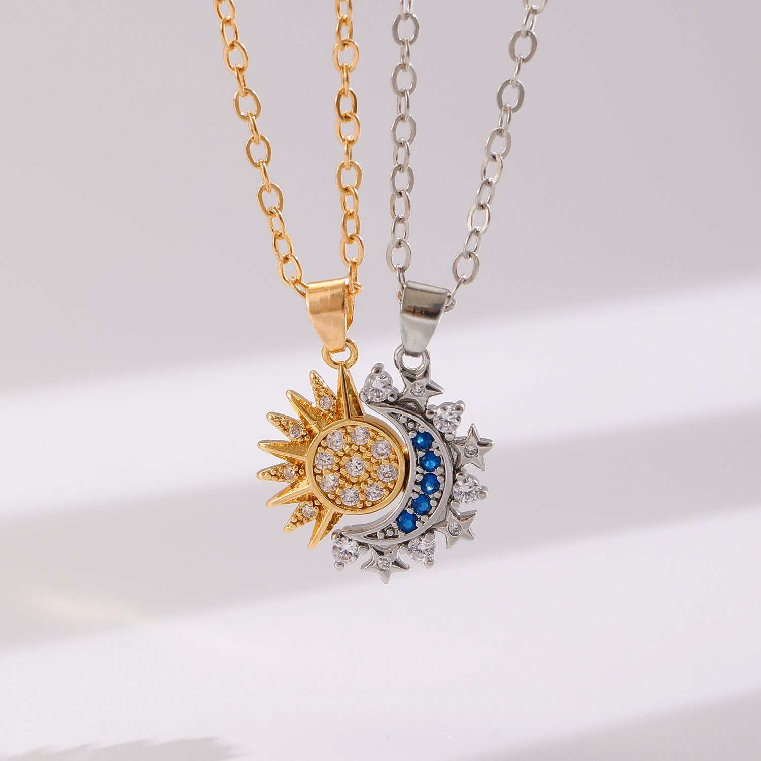 Couple Set Sun and Moon Necklace with gold sun and silver moon pendants on regular chains